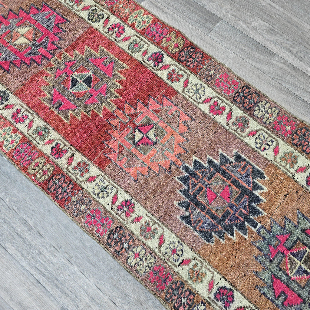 Vintage Turkish Oushak Runner Rug: Pink & Blue Wool Hallway Carpet