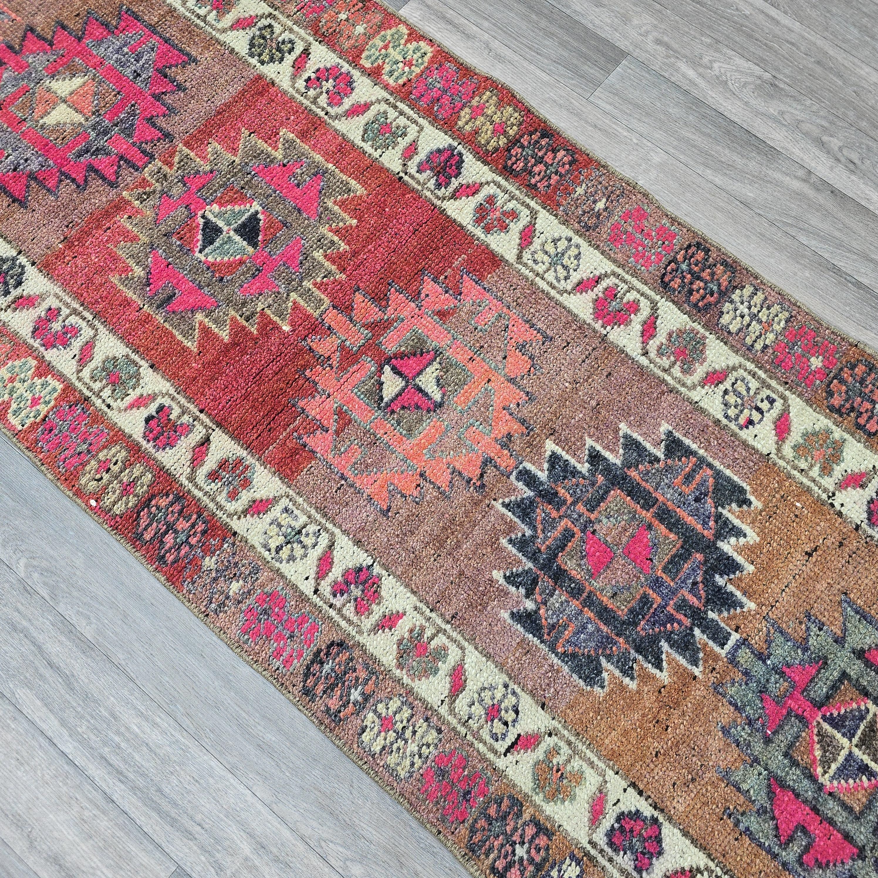 Vintage Turkish Oushak Runner Rug: Pink & Blue Wool Hallway Carpet