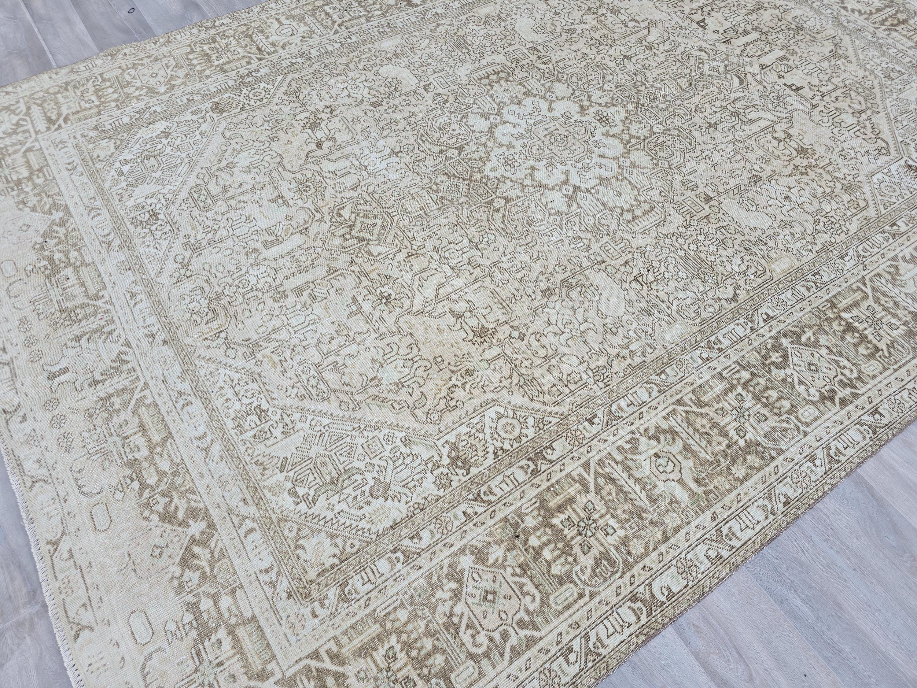 8x10 Hand-Knotted Oushak Rug: Neutral Turkish Vintage Carpet