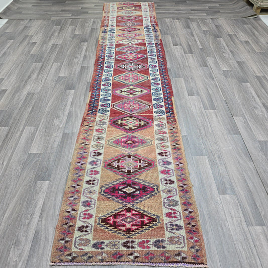 Colorful Vintage Turkish Runner Rug, 2.5x13 ft Handwoven Anatolian Wool rug, Distressed Hallway runner, Bohemian Home Decor, Diamond Pattern