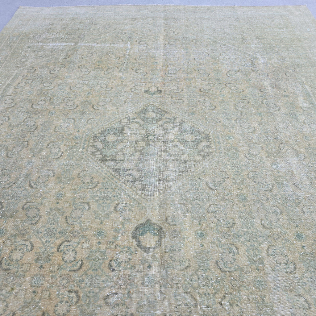 9x12 Vintage Turkish Rug Muted Green Beige Hand Knotted Antique Area Carpet Handmade