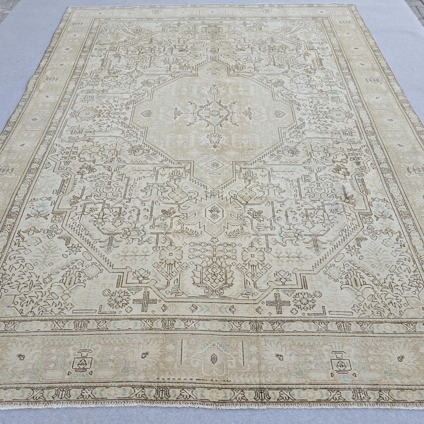 Turkish Rug 9x12 Neutral Beige Geometric Carpet Hand Knotted Living Room Area Rug