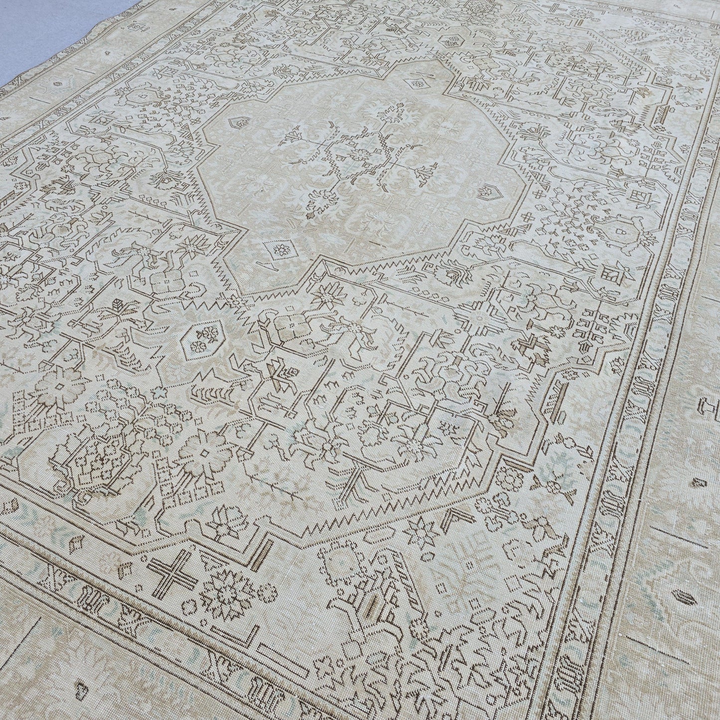 Turkish Rug 9x12 Neutral Beige Geometric Carpet Hand Knotted Living Room Area Rug