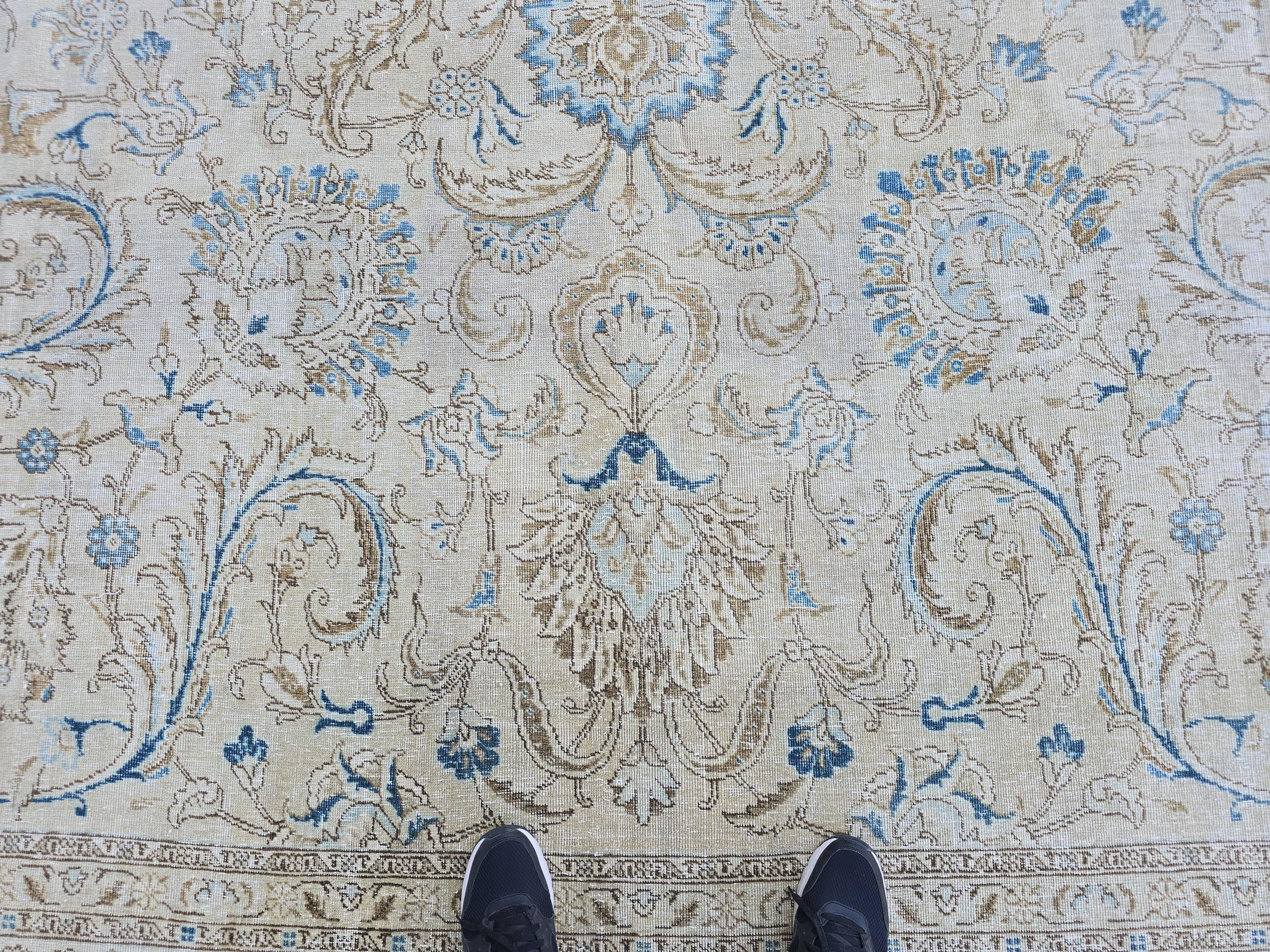 Vintage Rug 11x13 Cream Blue Floral Turkish Oushak Carpet Hand Knotted Bedroom Living Room