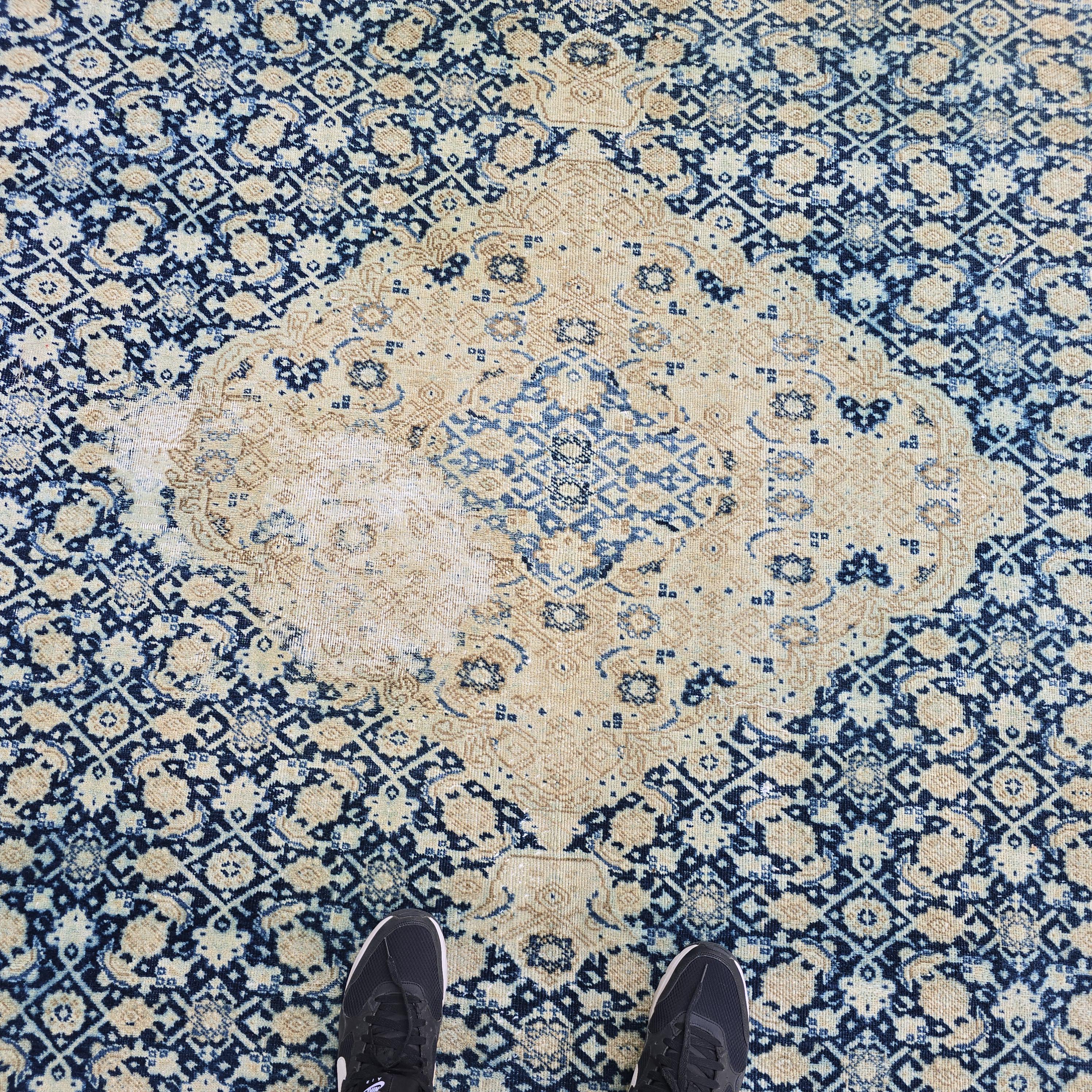 Wool 9x12 Oushak Rug -  Hand Knotted Wool Turkish Area Carpet Geometric Beige Blue