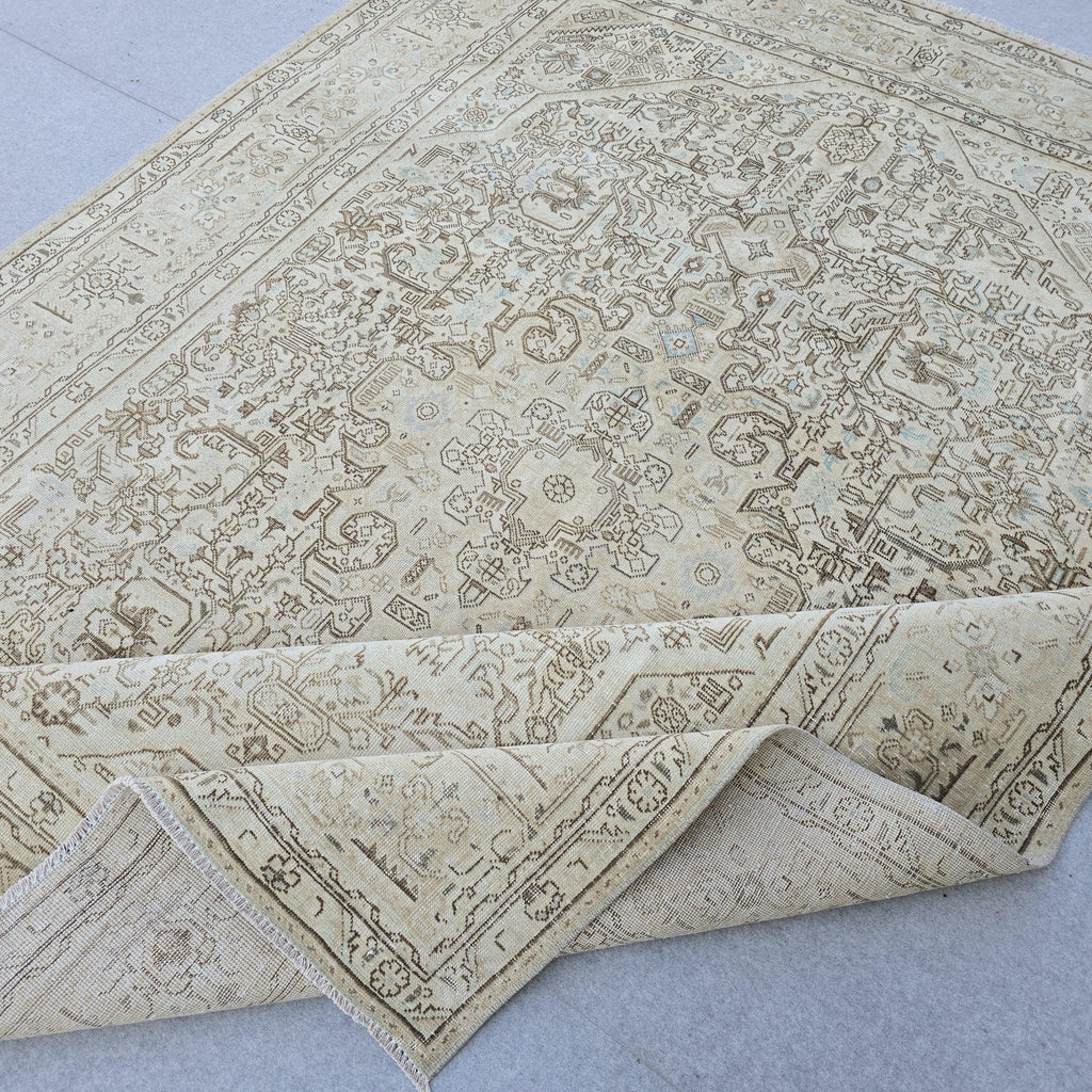 Oushak Rug 8x11 Muted Beige Heriz Medallion Hand Knotted Vintage Wool Area Carpet
