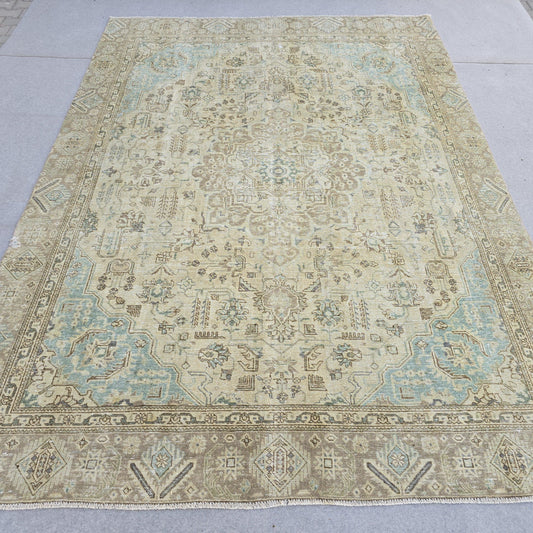Persian Rug 9x12 Beige Blue Tabriz Geometric Medallion Vintage Hand Knotted Oriental Area Carpet