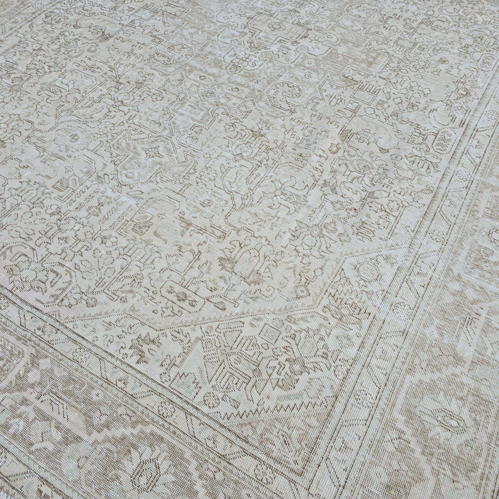 Neutral Oushak Rug 9x12: Vintage Hand-Knotted Turkish Wool Carpet