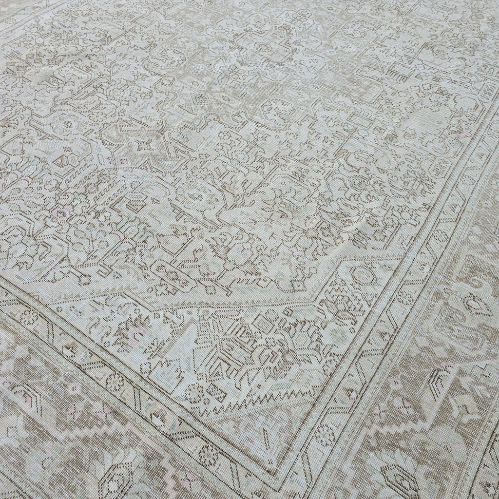Neutral Oushak Rug 9x12: Vintage Hand-Knotted Turkish Wool Carpet