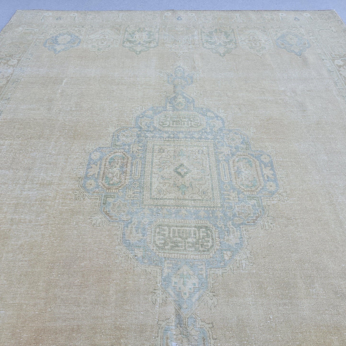 9x12 Turkish Rug Muted Blue Cream Beige Persian Area Rug Bedroom Scandinavian Decor