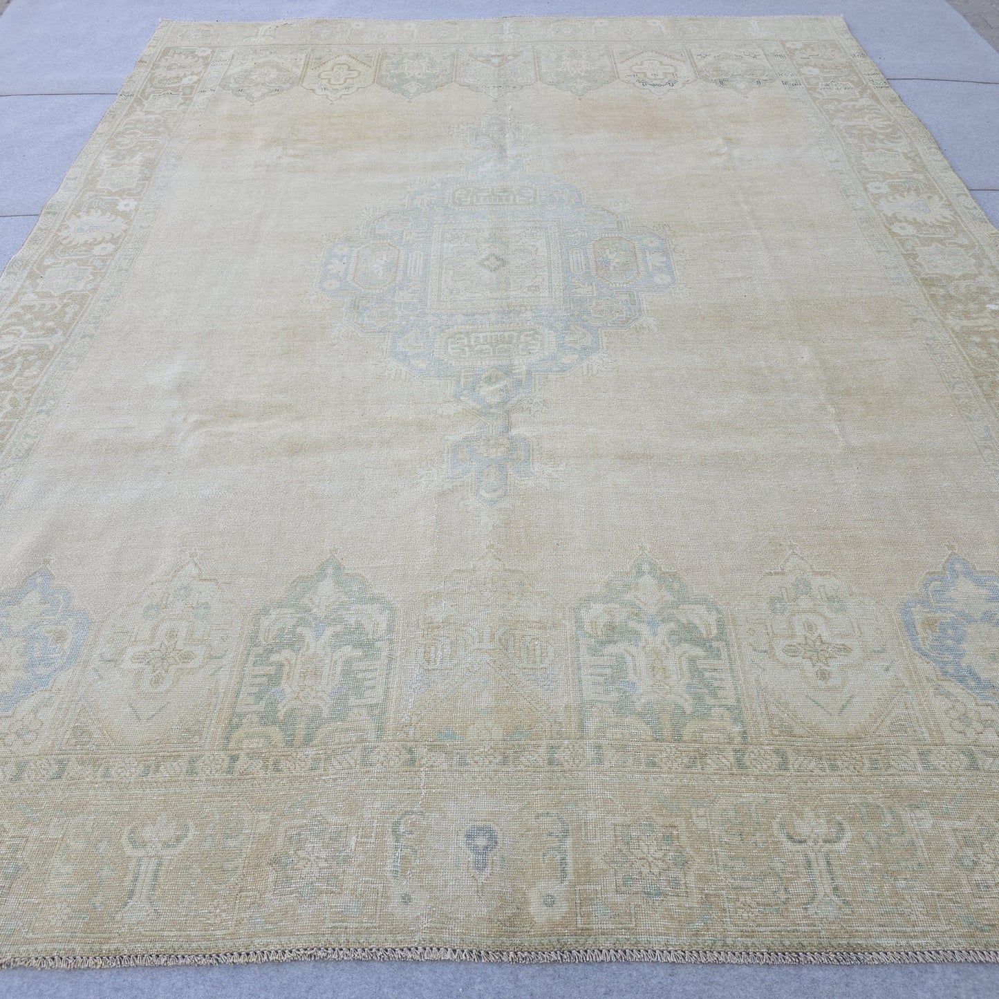 9x12 Turkish Rug Muted Blue Cream Beige Persian Area Rug Bedroom Scandinavian Decor