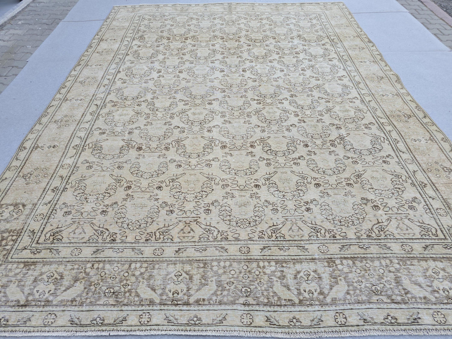 9x12 Oversized Vintage Turkish Rug: Distressed Neutral Area Carpet