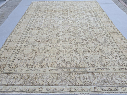 9x12 Oversized Vintage Turkish Rug: Distressed Neutral Area Carpet