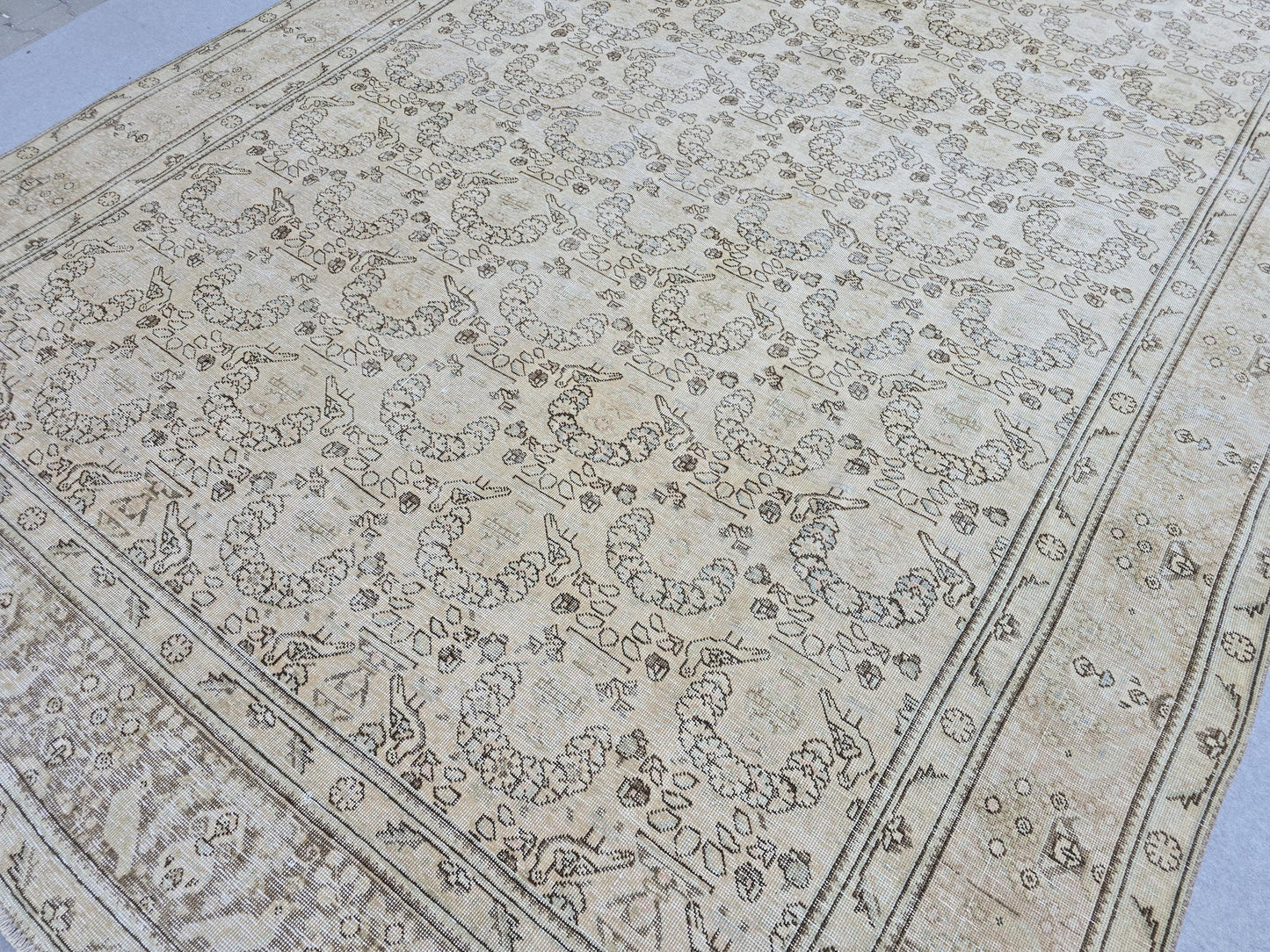 9x12 Oversized Vintage Turkish Rug: Distressed Neutral Area Carpet