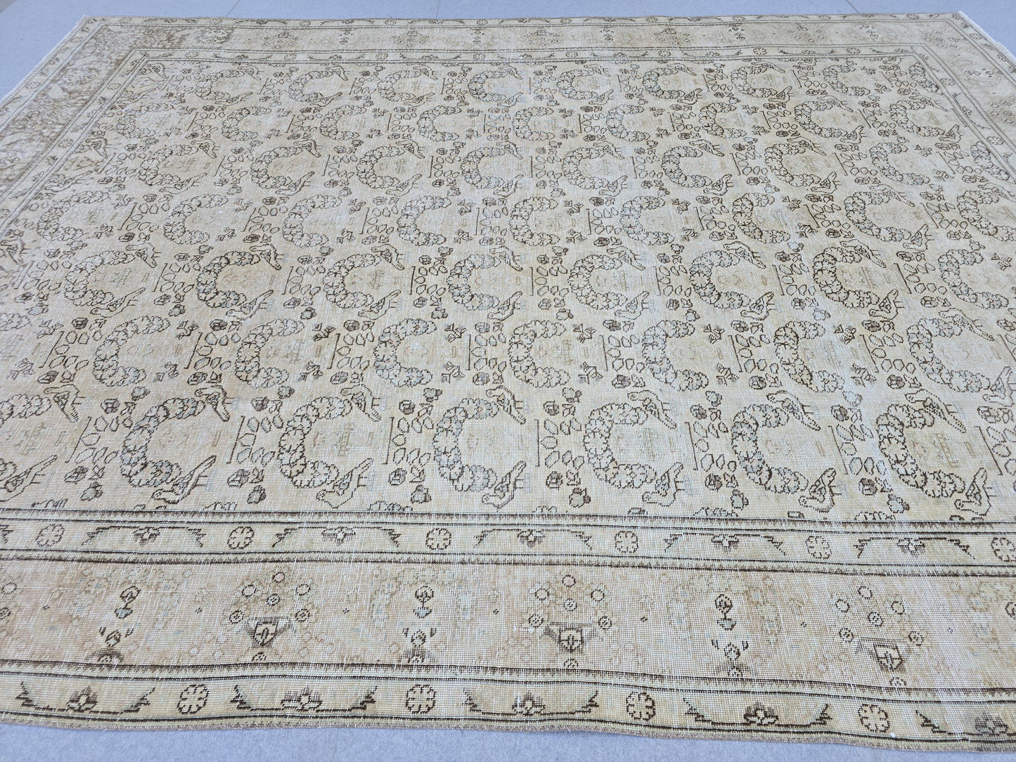 9x12 Oversized Vintage Turkish Rug: Distressed Neutral Area Carpet