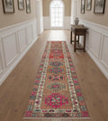 Vintage Turkish Oushak Runner Rug: Pink & Blue Wool Hallway Carpet
