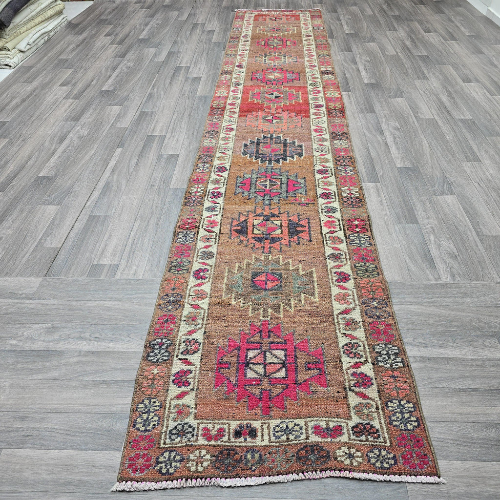 Vintage Turkish Oushak Runner Rug: Pink & Blue Wool Hallway Carpet