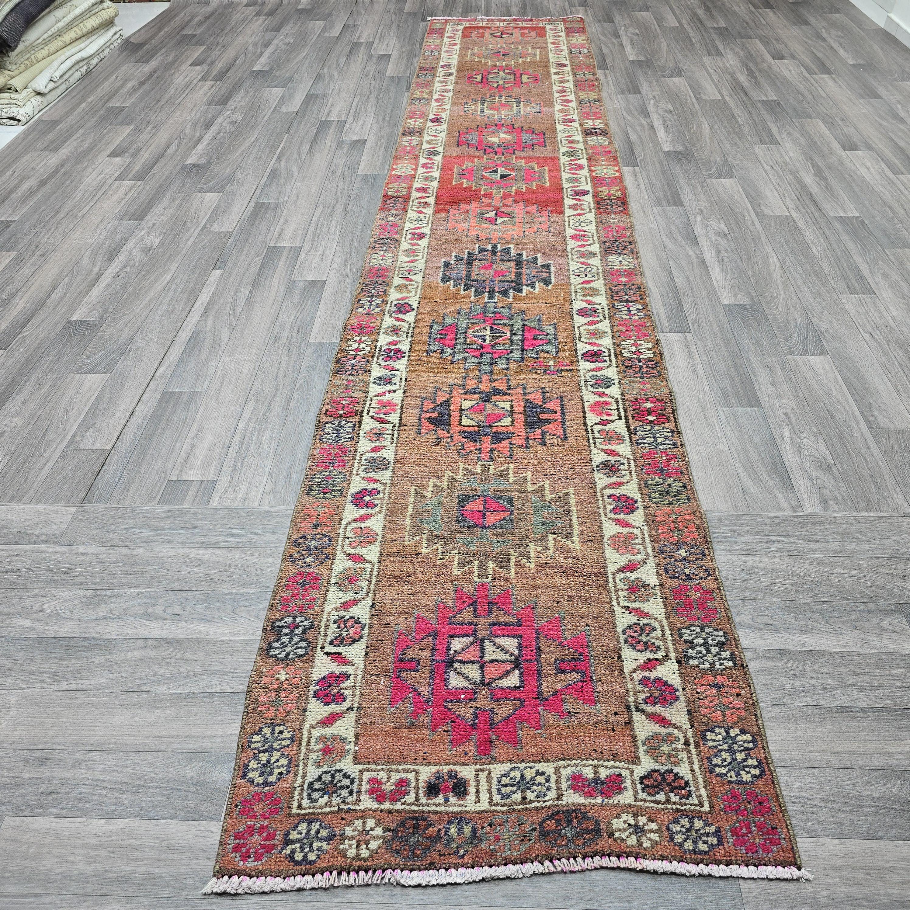 Vintage Turkish Oushak Runner Rug: Pink & Blue Wool Hallway Carpet