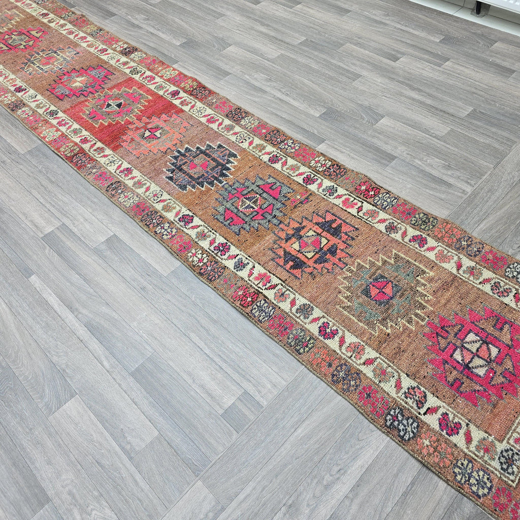 Vintage Turkish Oushak Runner Rug: Pink & Blue Wool Hallway Carpet