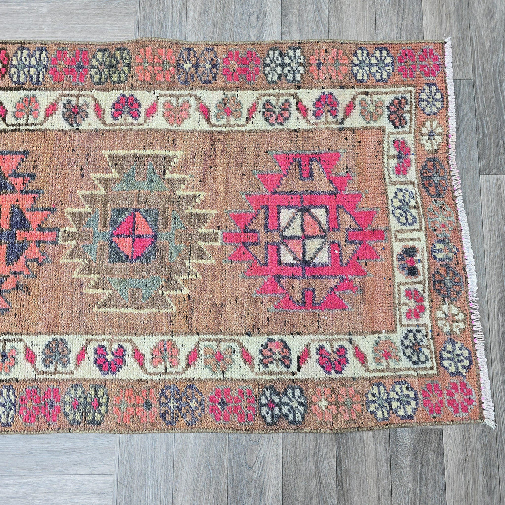 Vintage Turkish Oushak Runner Rug: Pink & Blue Wool Hallway Carpet