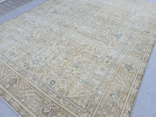 Large Vintage Turkish Rug 9x12 Neutral Oushak Area Rug Double Knot Handwoven