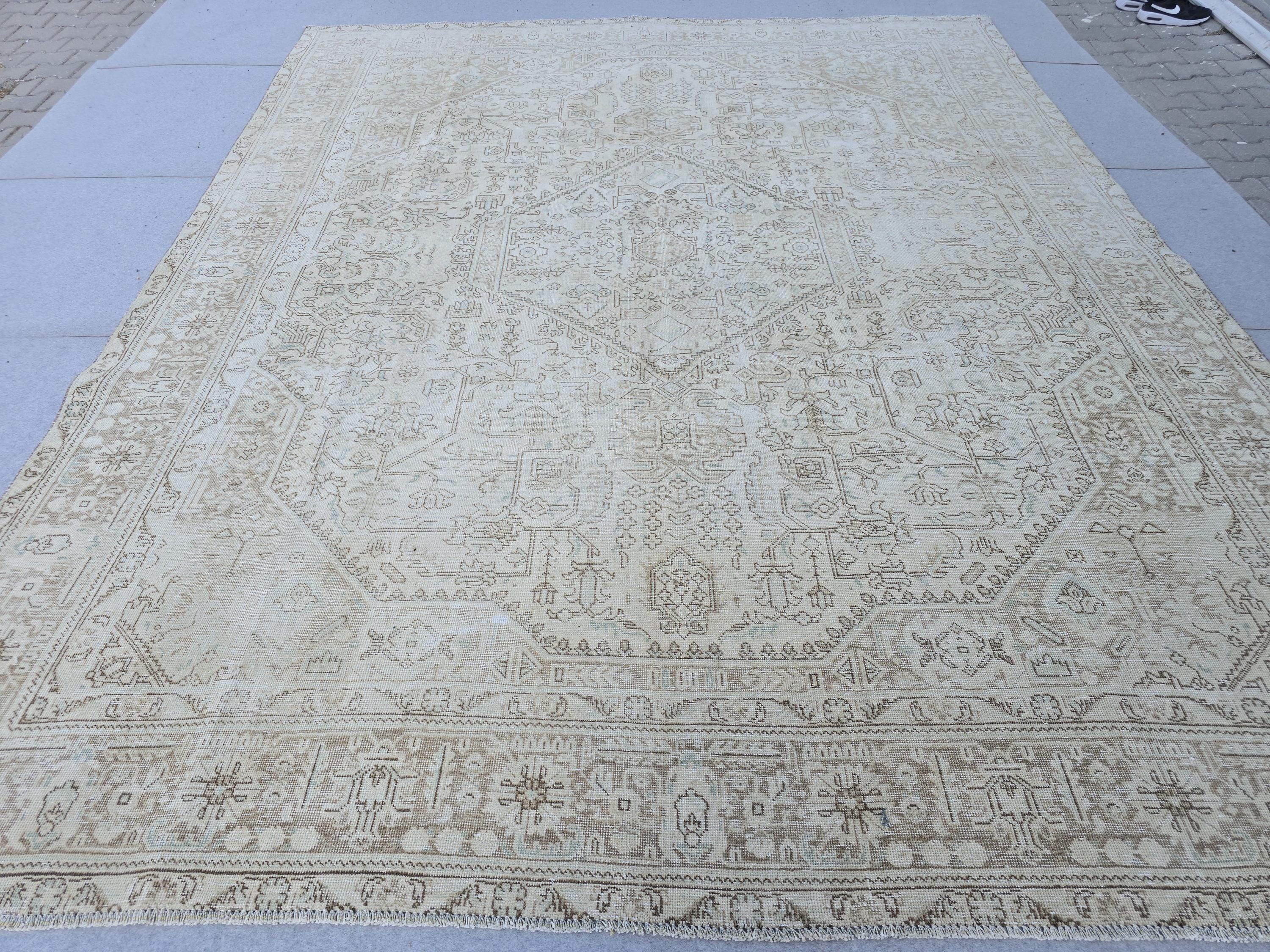 Oversized Vintage Rug 10x12 Persian Oushak Medallion Hand Knotted Neutral Wool
