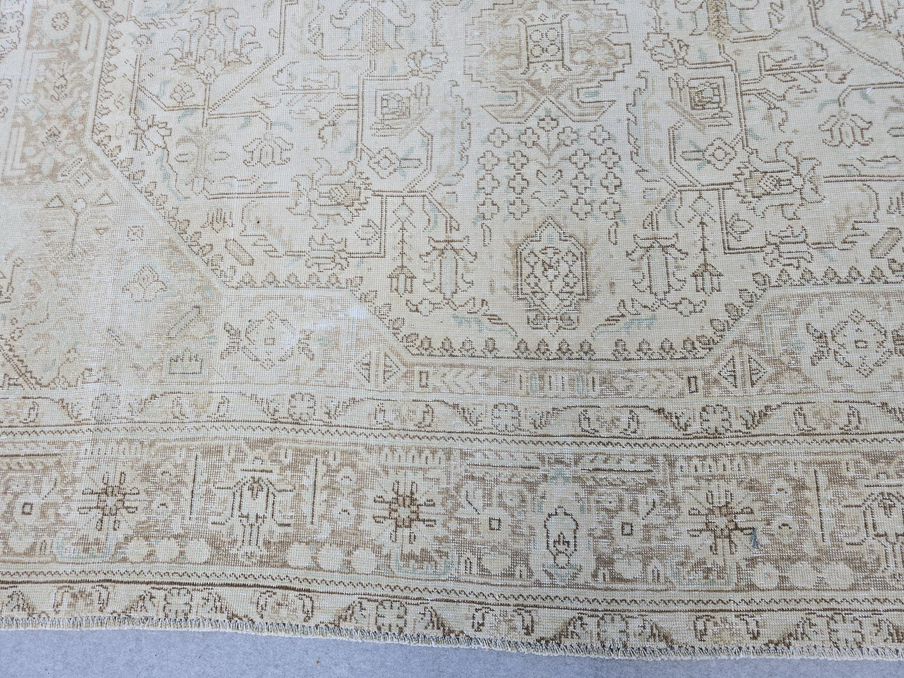 Oversized Vintage Rug 10x12 Persian Oushak Medallion Hand Knotted Neutral Wool
