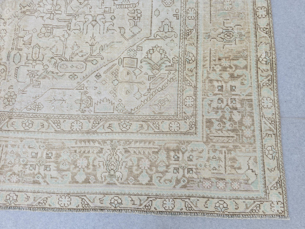 9x12 Neutral Area Rug Vintage / Beige and Blue Handmade Wool Oushak Rug