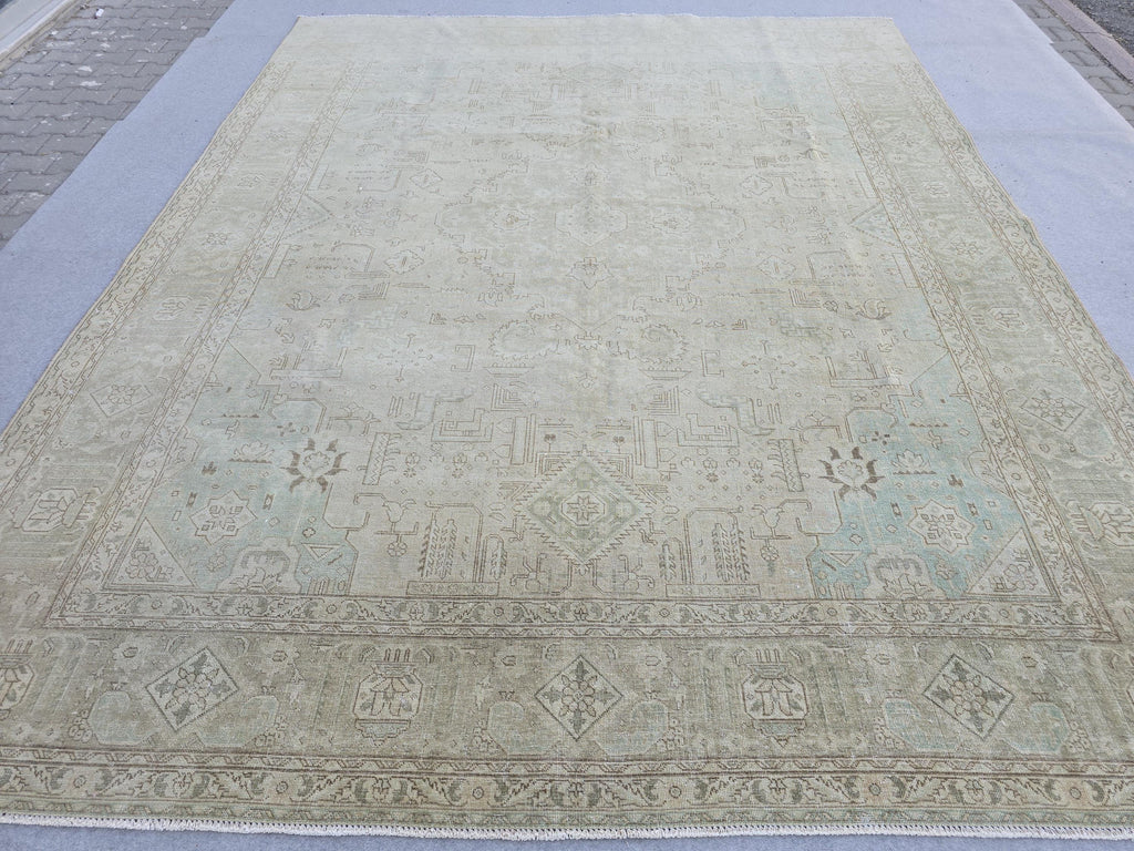 Muted Vintage Rug 10x12 Cream Turquoise Turkish Hand Knotted Wool Area Carpet