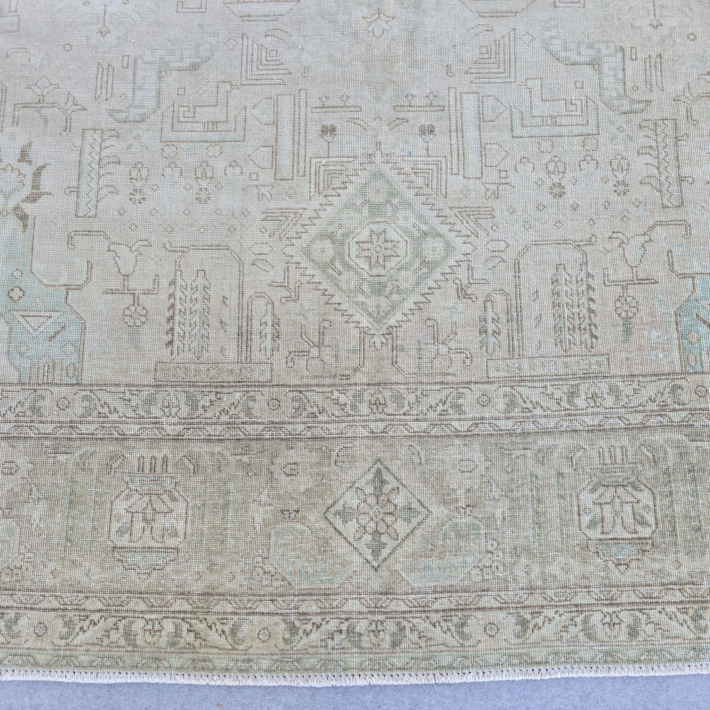 Muted Vintage Rug 10x12 Cream Turquoise Turkish Hand Knotted Wool Area Carpet