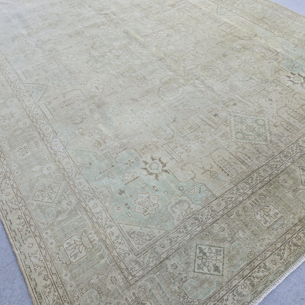 Muted Vintage Rug 10x12 Cream Turquoise Turkish Hand Knotted Wool Area Carpet
