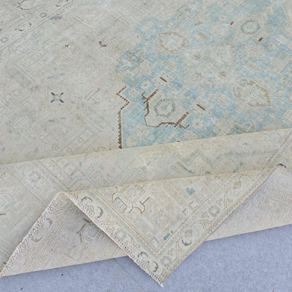 Oushak Rug 10x13 Light Blue Cream Medallion Vintage Turkish Hand Knotted Wool