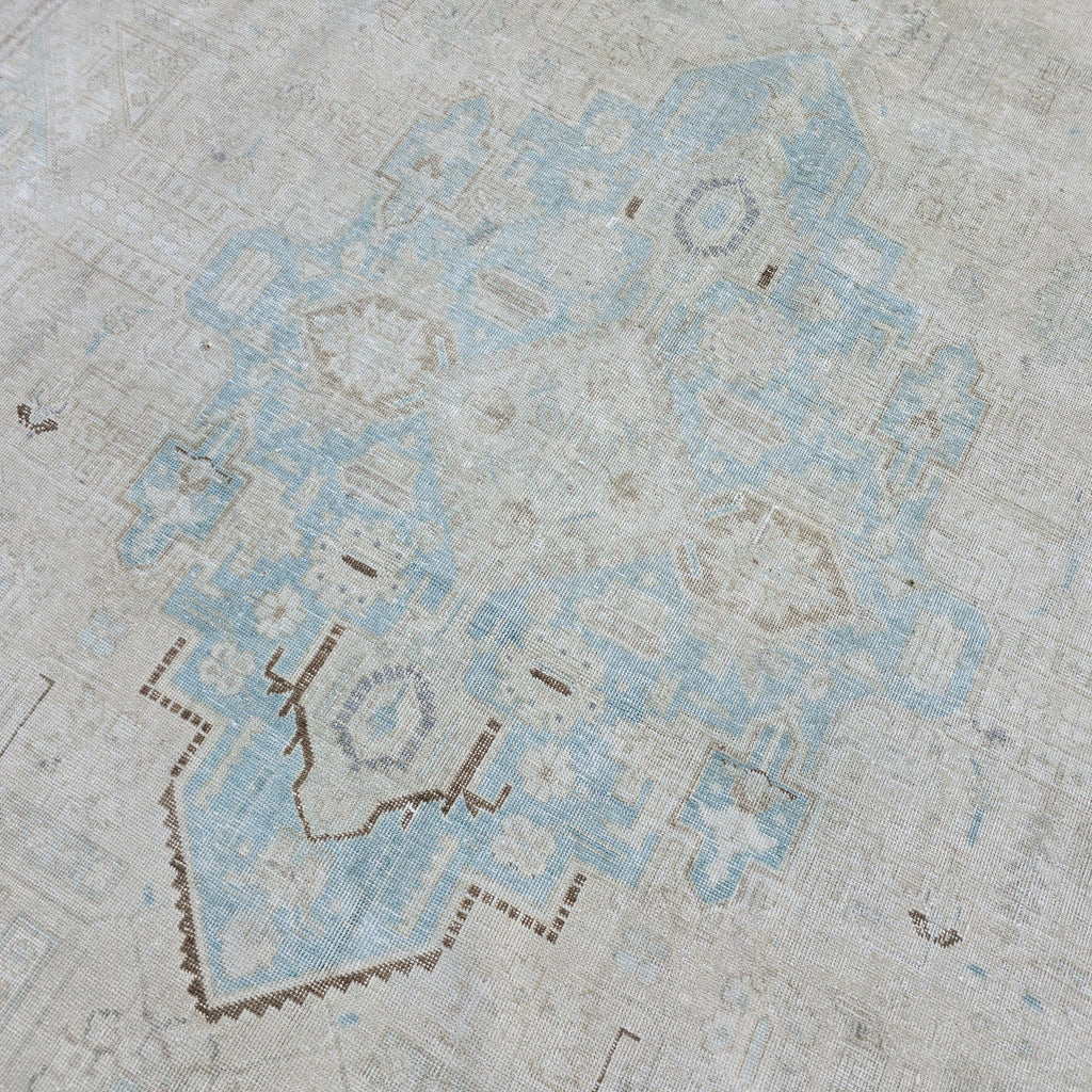 Oushak Rug 10x13 Light Blue Cream Medallion Vintage Turkish Hand Knotted Wool