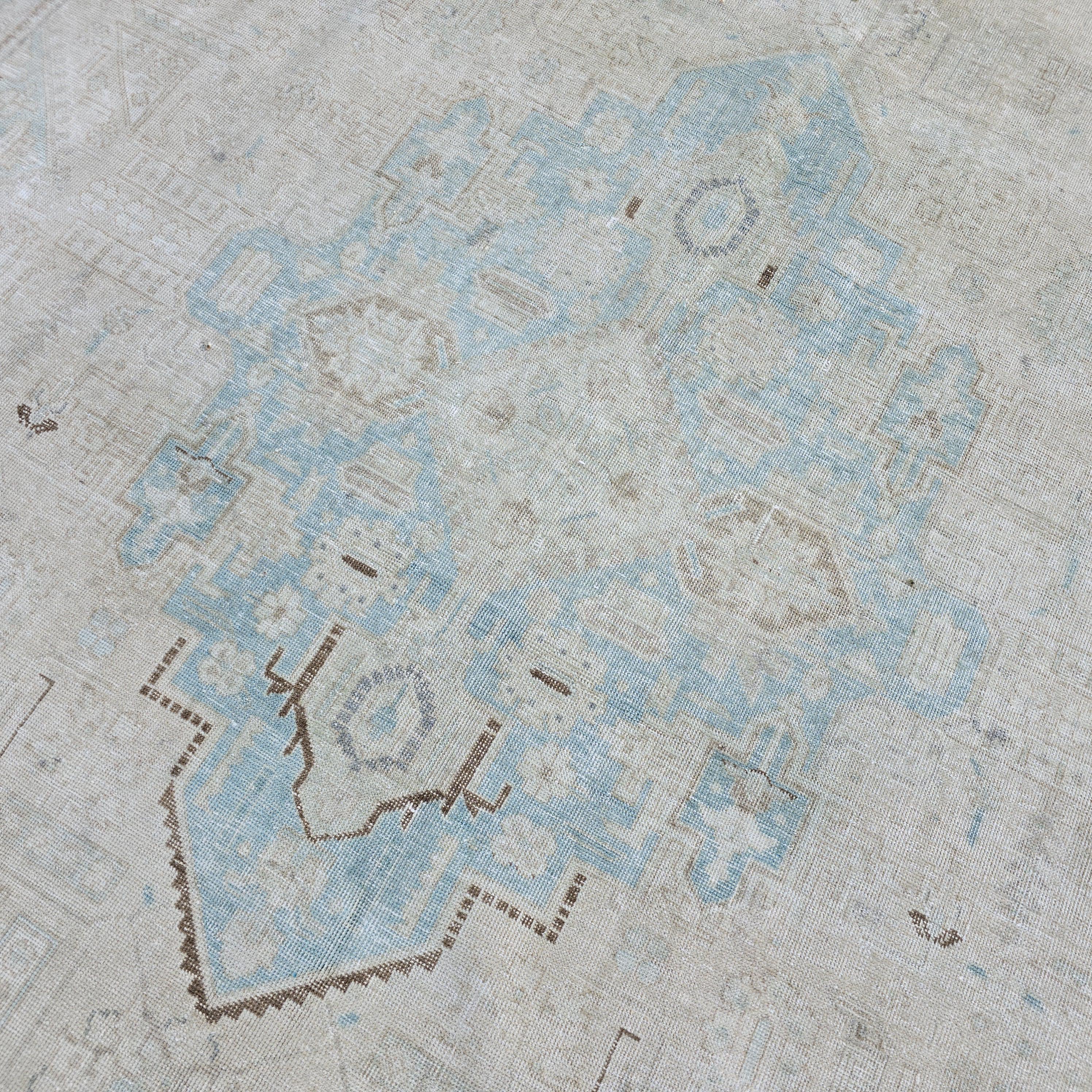 Oushak Rug 10x13 Light Blue Cream Medallion Vintage Turkish Hand Knotted Wool