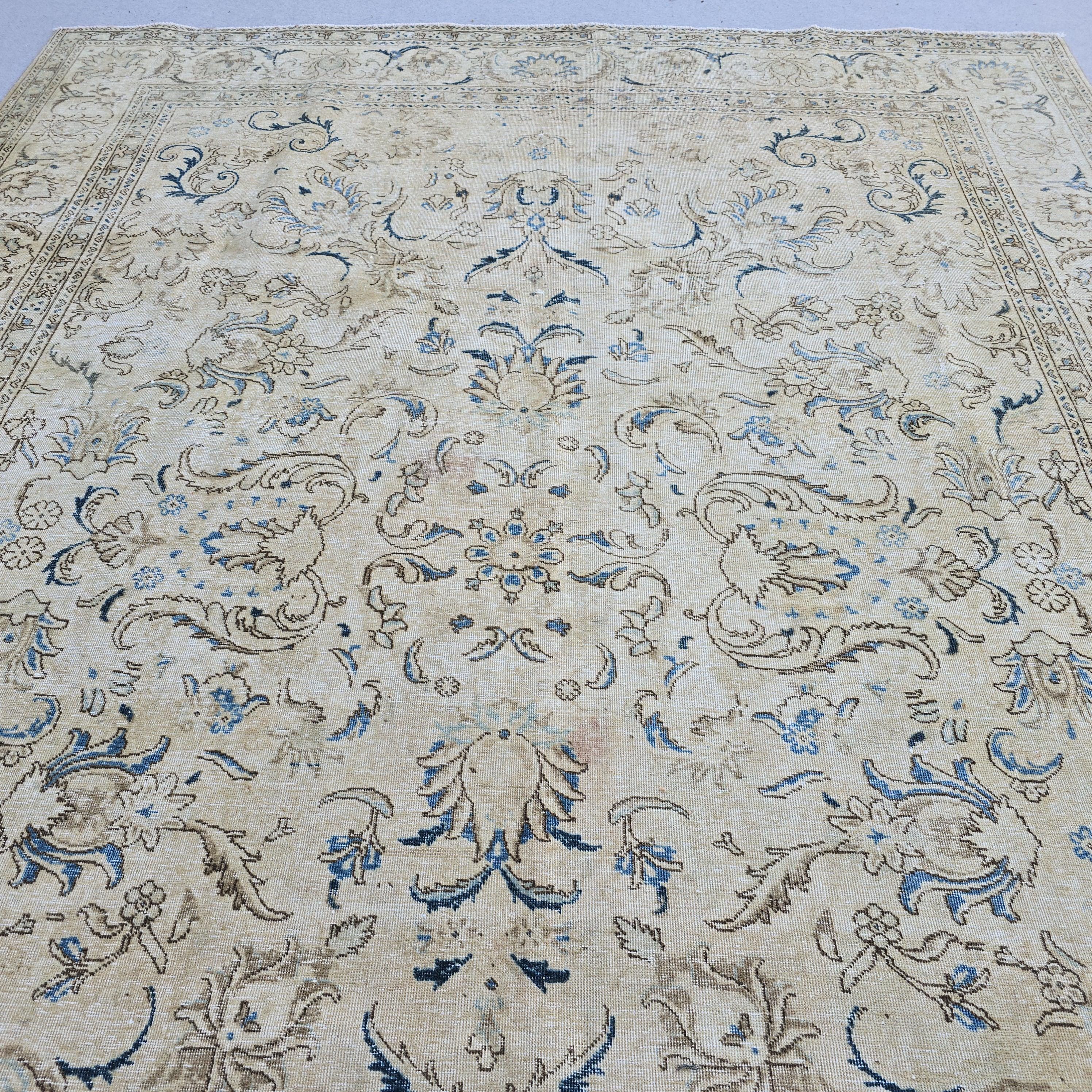Persian Rug 9x12 Cream Blue Floral Vintage Hand Knotted Wool Area Carpet