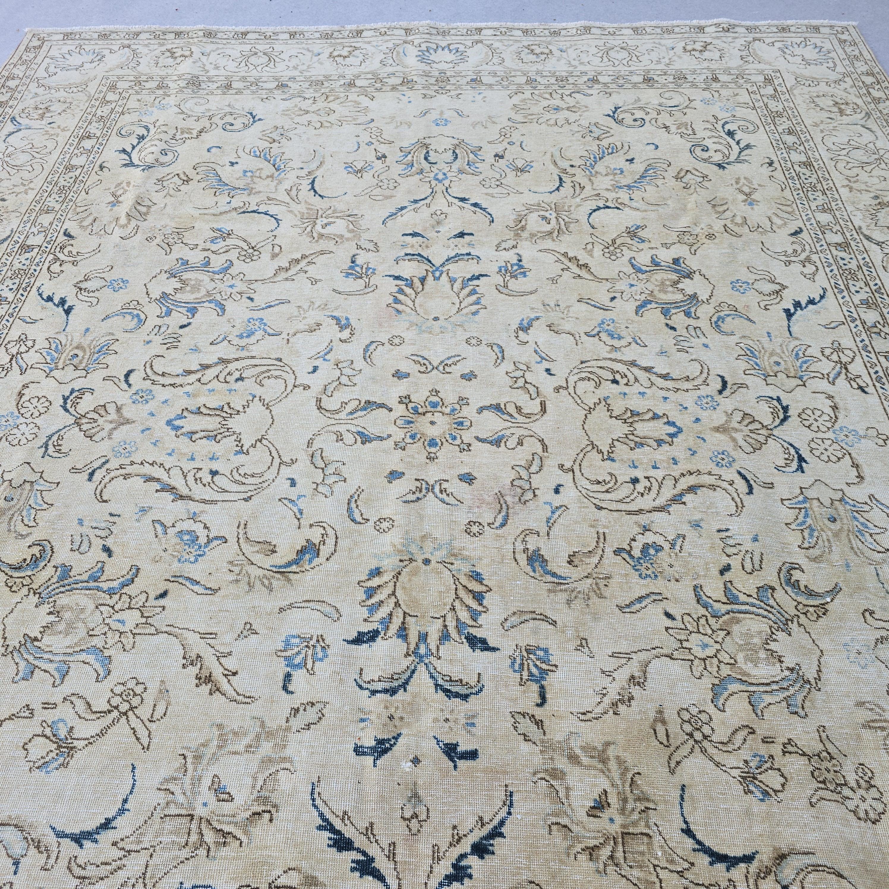 Persian Rug 9x12 Cream Blue Floral Vintage Hand Knotted Wool Area Carpet
