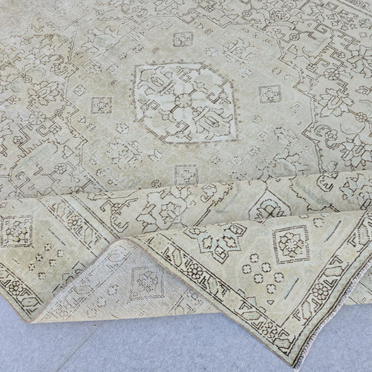 Neutral Vintage Rug 9x12 Cream Geometric Medallion Hand Knotted Turkish Wool Muted Rug