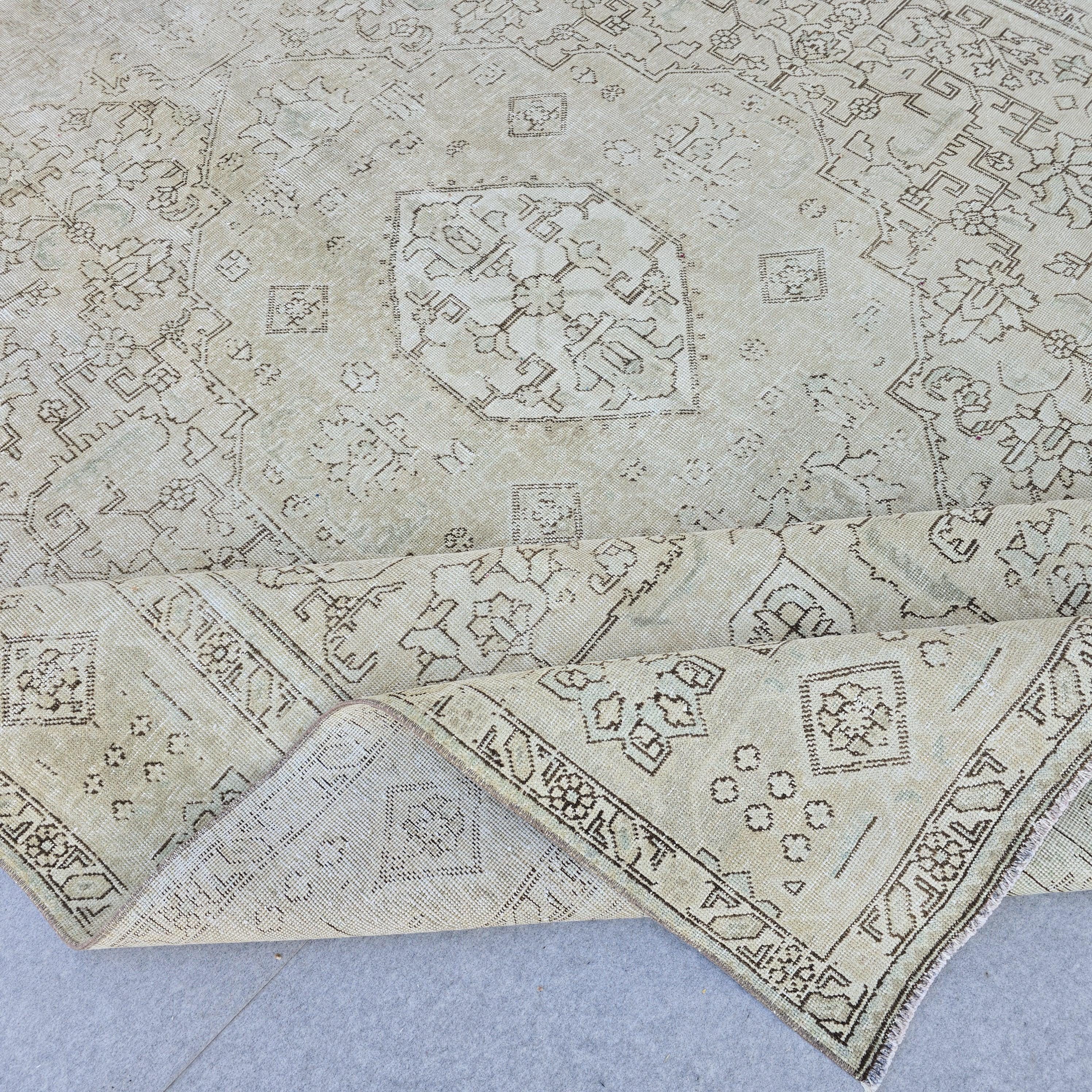 Neutral Turkish Rug 9x12, Vintage Cream Geometric Medallion Hand Knotted Turkish Wool Muted Rug