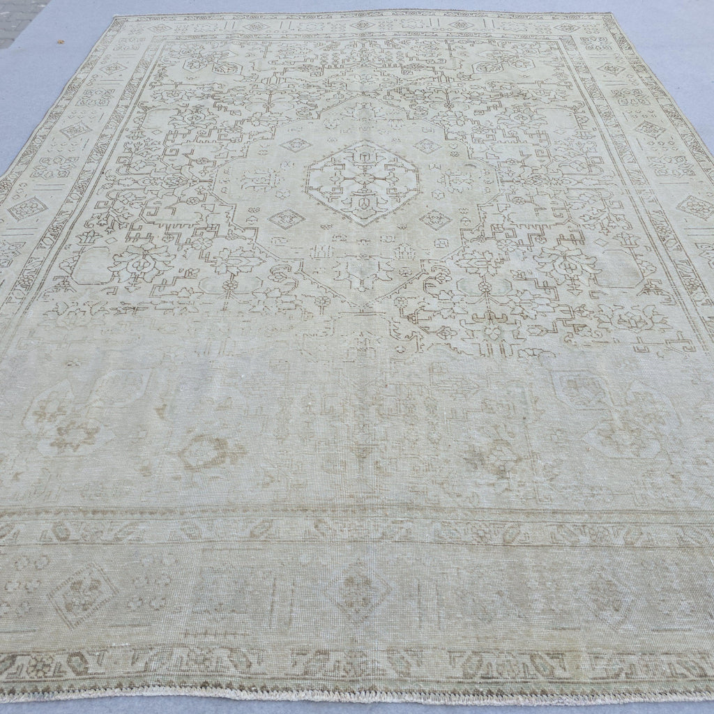 Neutral Turkish Rug 9x12, Vintage Cream Geometric Medallion Hand Knotted Turkish Wool Muted Rug