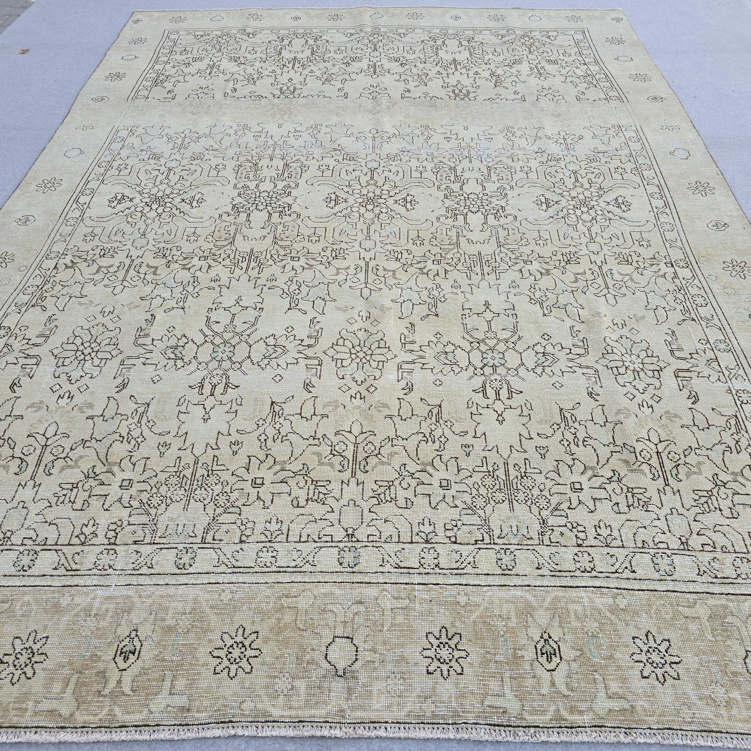 8.70x12.20 feet Cream Beige Floral Hand Knotted Vintage Turkish Wool Area Rug