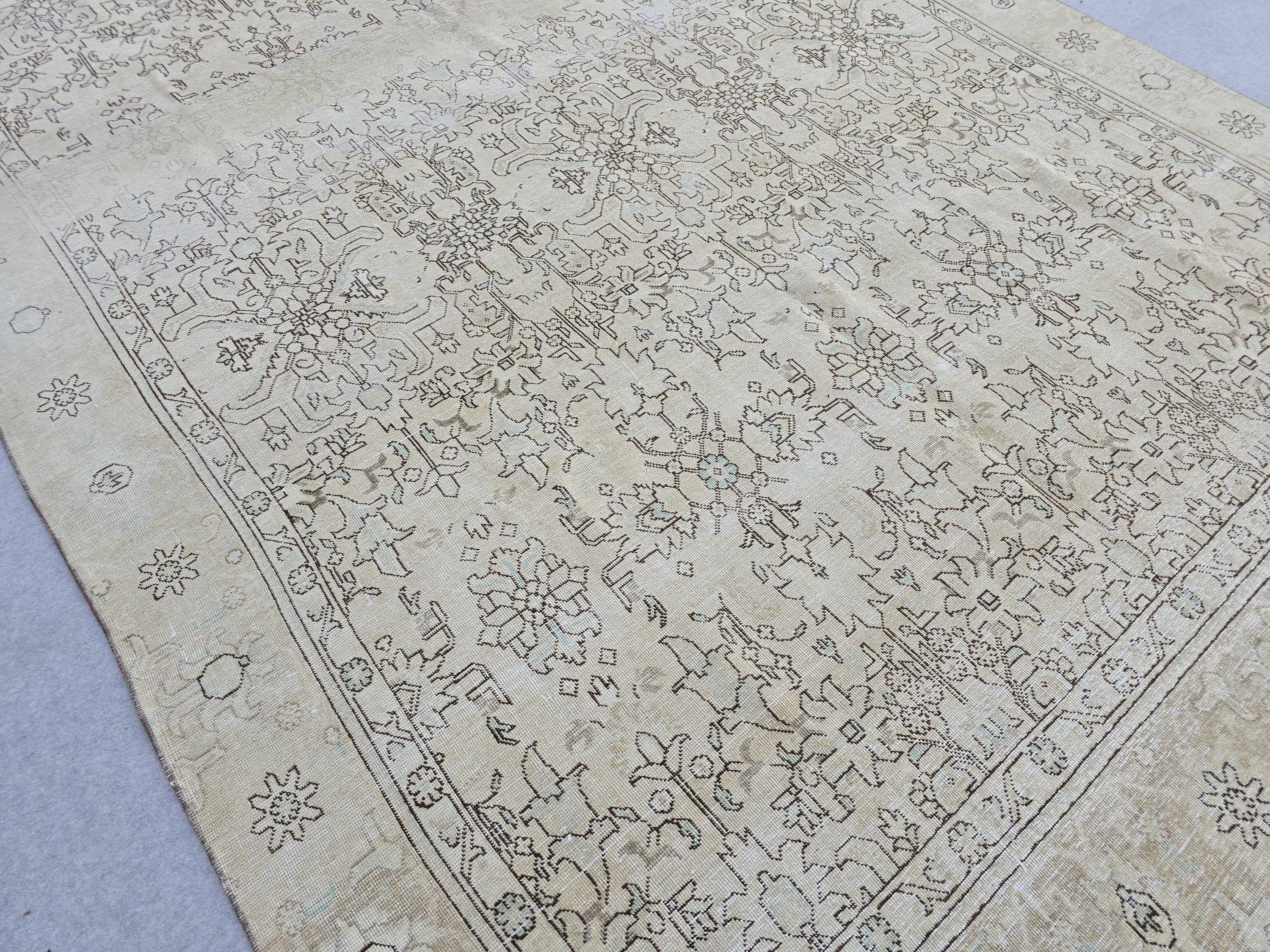 8.70x12.20 feet Cream Beige Floral Hand Knotted Vintage Turkish Wool Area Rug