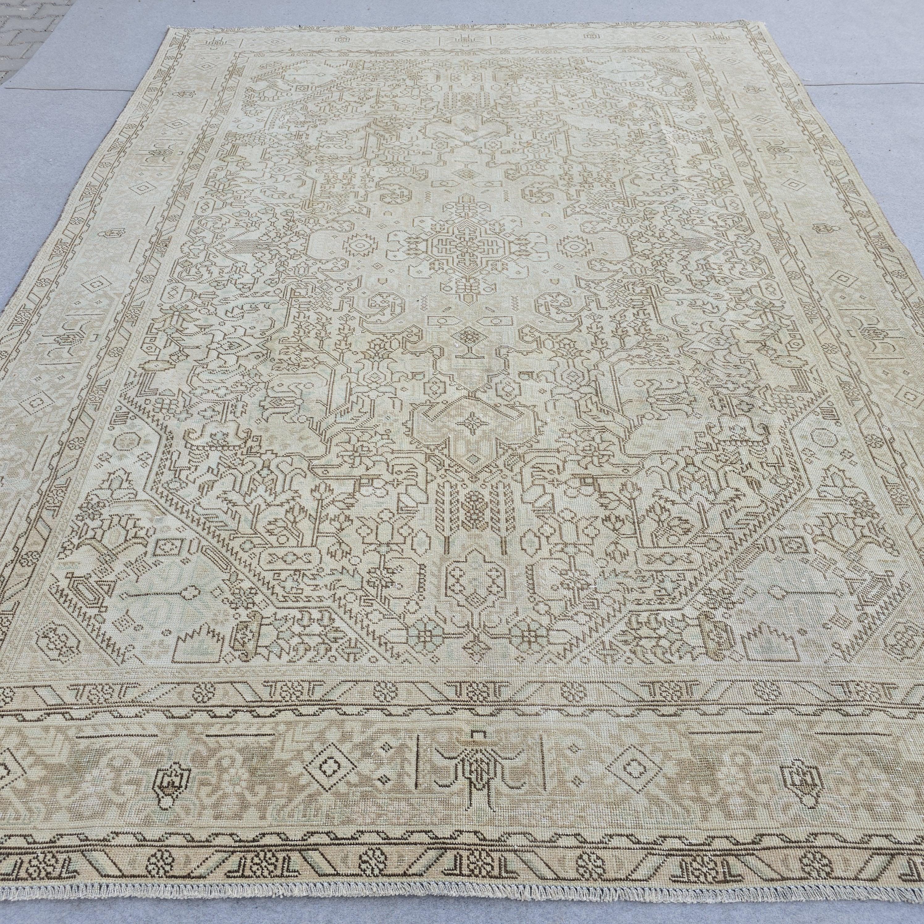 Hand-Knotted Oushak Rug: 8x11 ft. Neutral Turkish Wool Saloon Carpet