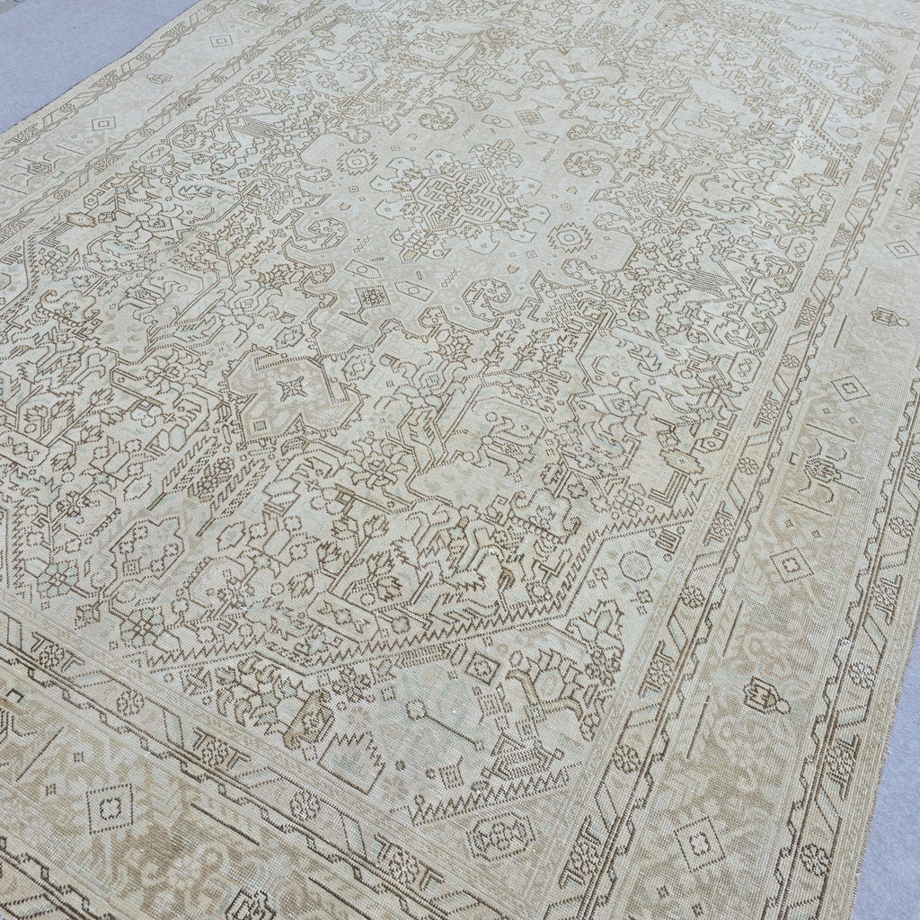 Hand-Knotted Oushak Rug: 8x11 ft. Neutral Turkish Wool Saloon Carpet