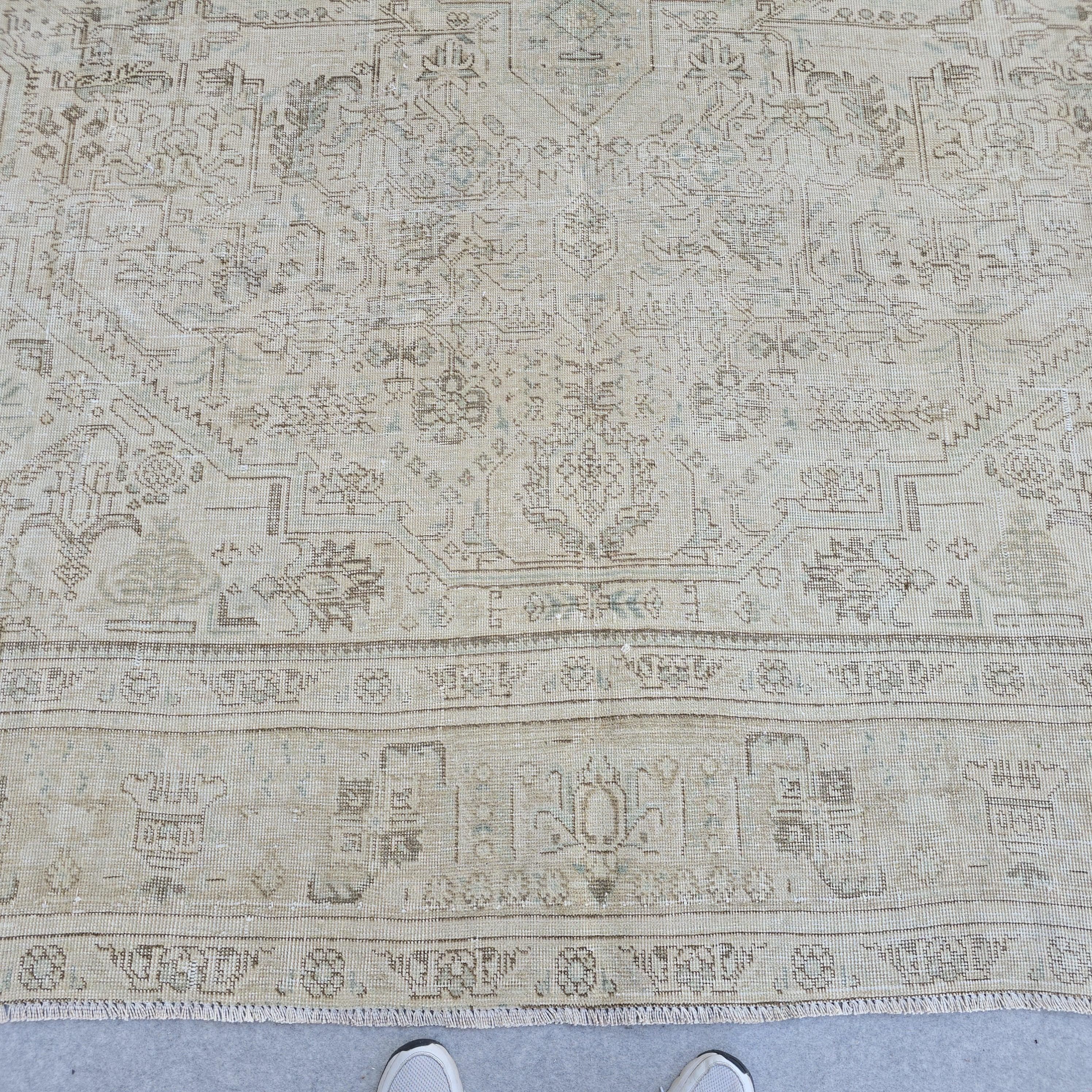 Vintage Hand-Knotted Oushak Rug: Neutral Beige & Brown, 9.7x12.5 ft.