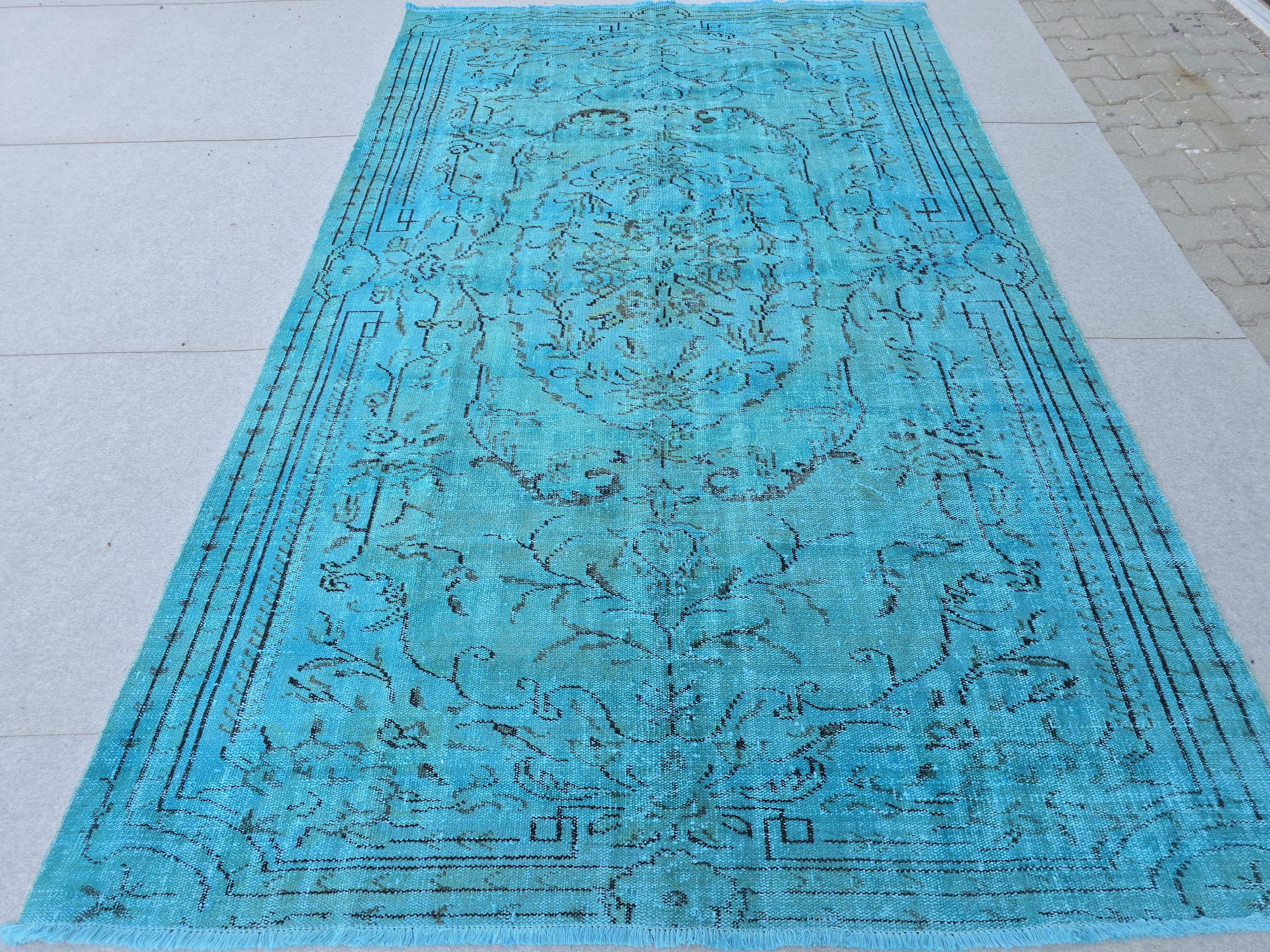 Vintage Overdyed Turquoise Turkish Rug - 6x9.6 ft Handknotted