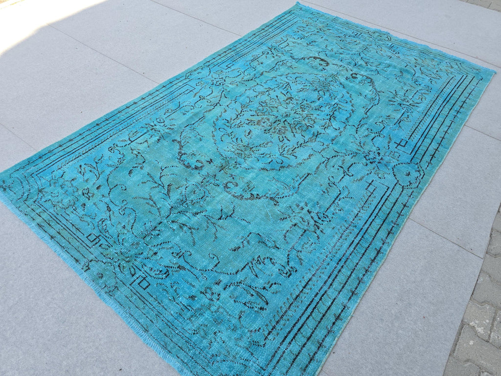 Vintage Overdyed Turquoise Turkish Rug - 6x9.6 ft Handknotted