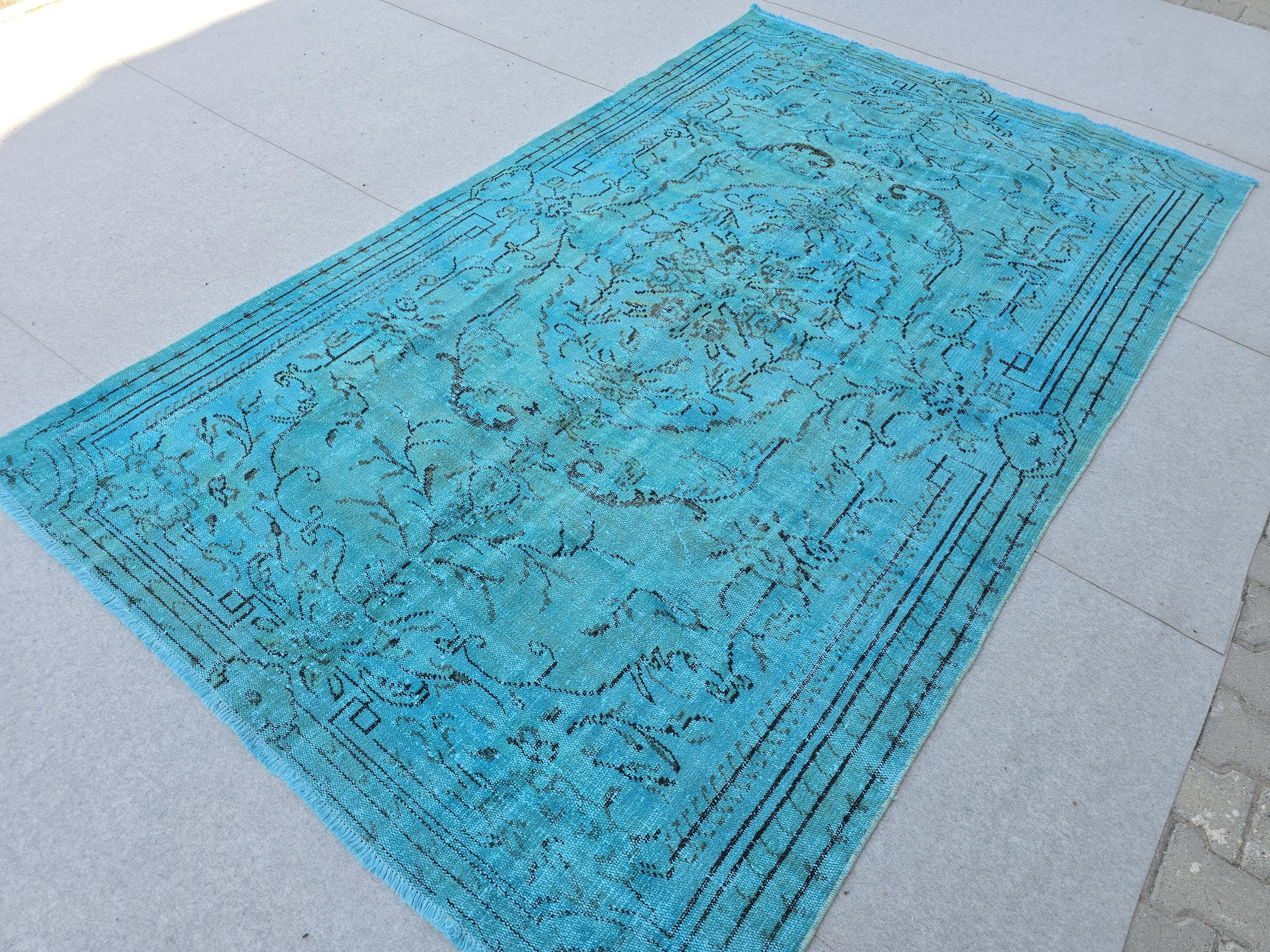 Vintage Overdyed Turquoise Turkish Rug - 6x9.6 ft Handknotted