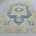 7x10 Vintage Turkish Oushak Rug Blue Cream Geometric Hand Knotted Area Carpet