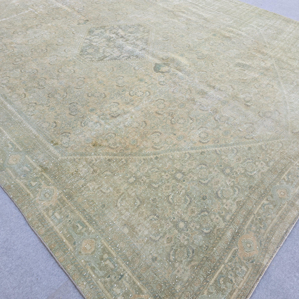 9x12 Vintage Turkish Rug Muted Green Beige Hand Knotted Antique Area Carpet Handmade