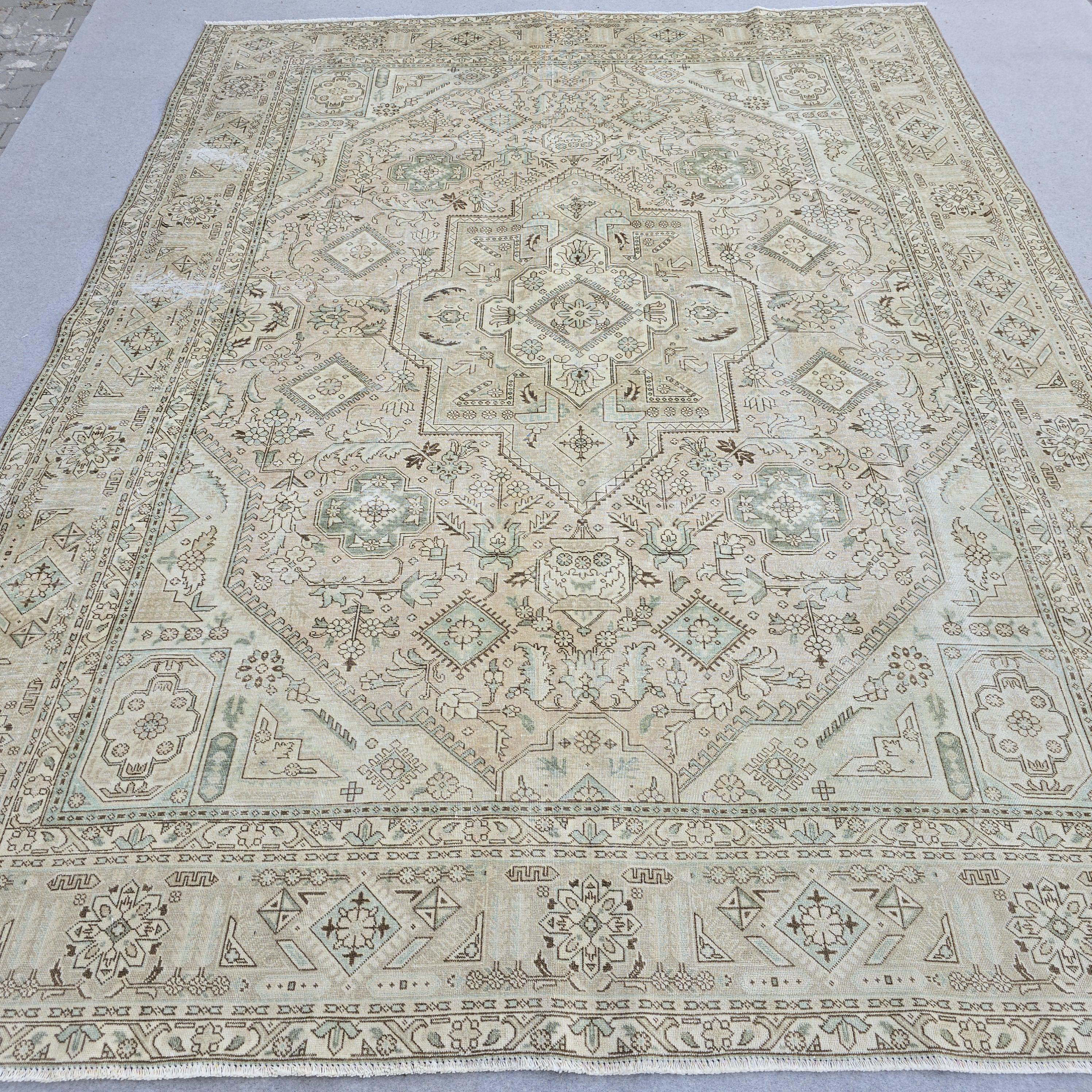 10x12 Turkish Rug Vintage Pink Cream Mint Green Hand Knotted Oushak Area Carpet